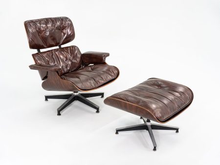 1956 Eames 670 & 671 Lounge Chair and Ottoman with Down-Filled Brown Leather Cushions and Brazilian Rosewood Online