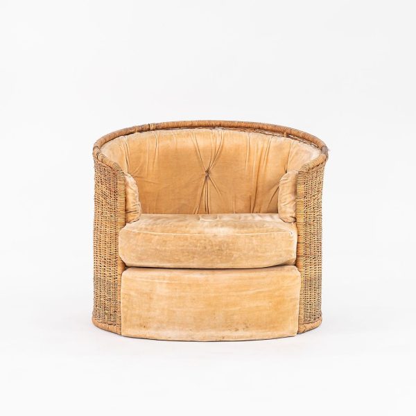 1970s Rattan Barrel Chair for Comfort Designs Attributed to Adrian Pearsall in Cane and Fabric Supply