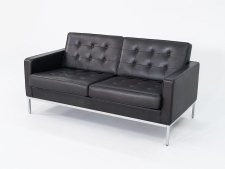 2013 Florence Knoll Two Seat Settee   Sofa in Black Leather and Chrome Cheap