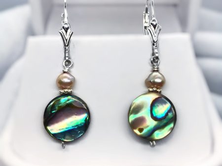 Abalone Shell, Pink Pearl and Sterling Silver Dangle Earrings For Sale