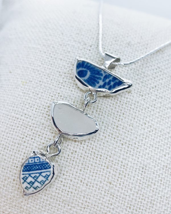 Beach Glass Pottery Asian Blue & White Pattern Necklace For Sale