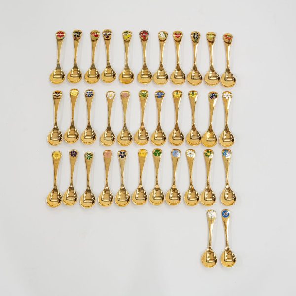 Georg Jensen Annual Spoon Collection in Gilt Sterling Silver with Enamel, 35 Pieces For Sale