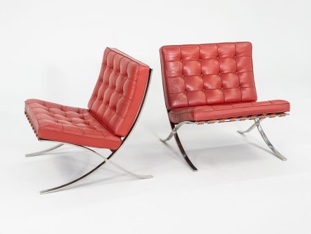 1995 Pair of Mies van der Rohe Barcelona Lounge Chairs with Stainless Frames in Sabrina Nasturtium Red Leather on Sale