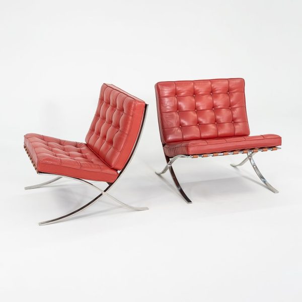 1995 Pair of Mies van der Rohe Barcelona Lounge Chairs with Stainless Frames in Sabrina Nasturtium Red Leather on Sale