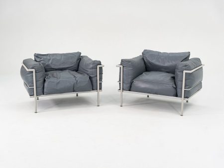 1980s In Style of A Pair of Le Corbusier Jeanneret Perriand LC3 Lounge Chairs in Blue Leather Fashion