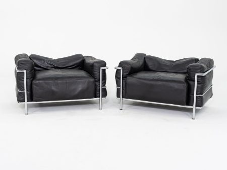 1970s Pair of Le Corbusier Jeanneret Perriand Cassina LC3 Club Lounge Chairs in Black Leather Discount