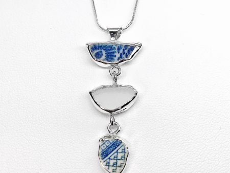 Beach Glass Pottery Asian Blue & White Pattern Necklace For Sale