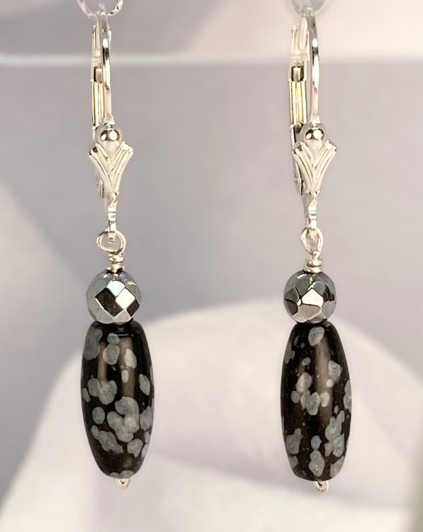 Snowflake Obsidian, Hematite and Sterling Silver Dangle Earrings Discount