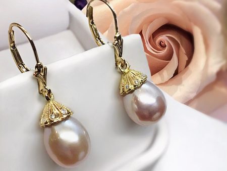 Pearl Dangle Blush Pink 14K Yellow Gold Lab Diamond Earrings Discount