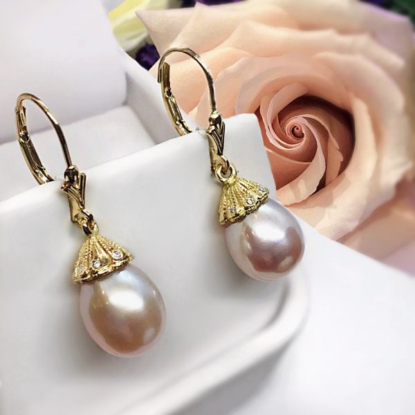 Pearl Dangle Blush Pink 14K Yellow Gold Lab Diamond Earrings Discount