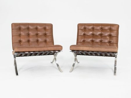 1990 Knoll Barcelona Lounge Chairs by Mies van der Rohe in Brown Leather and Stainless Model 250LS 4x Available Sale