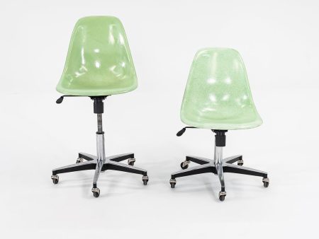 2010s Eames Modernica Fiberglass Side Shell Chairs with Rolling Desk Chair Bases in Light Green 1x Available Hot on Sale