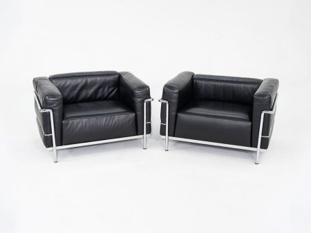 2006 Cassina Le Corbusier Jeanneret Perriand LC3 Club Lounge Chairs in Black Leather 2x Available Supply